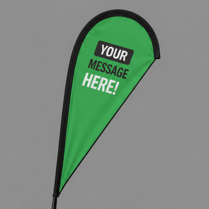 Green promotional flag on a car with 'Your Message Here!' text against a gray background