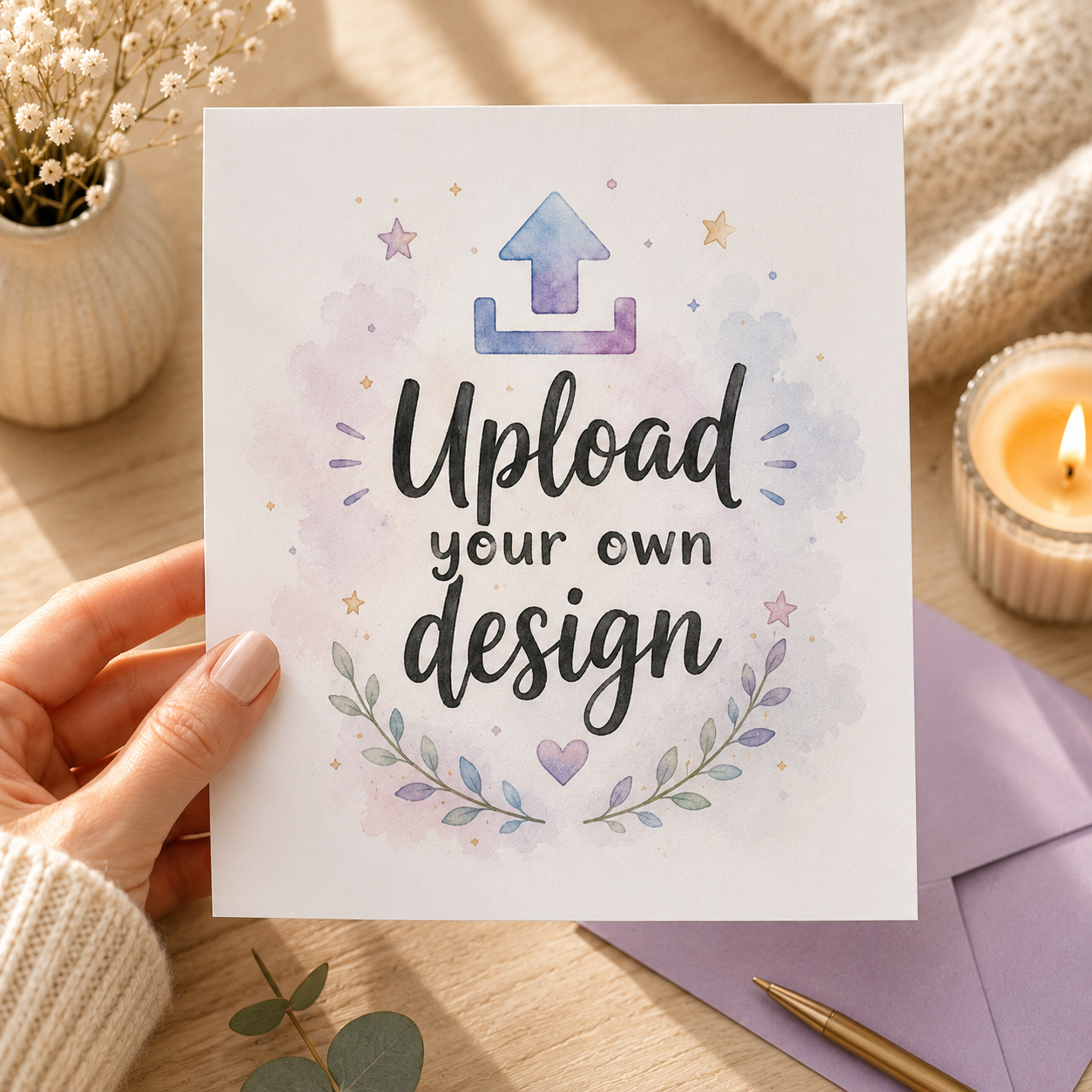 Custom square greeting card printed from customer-supplied artwork, customer artwork example.