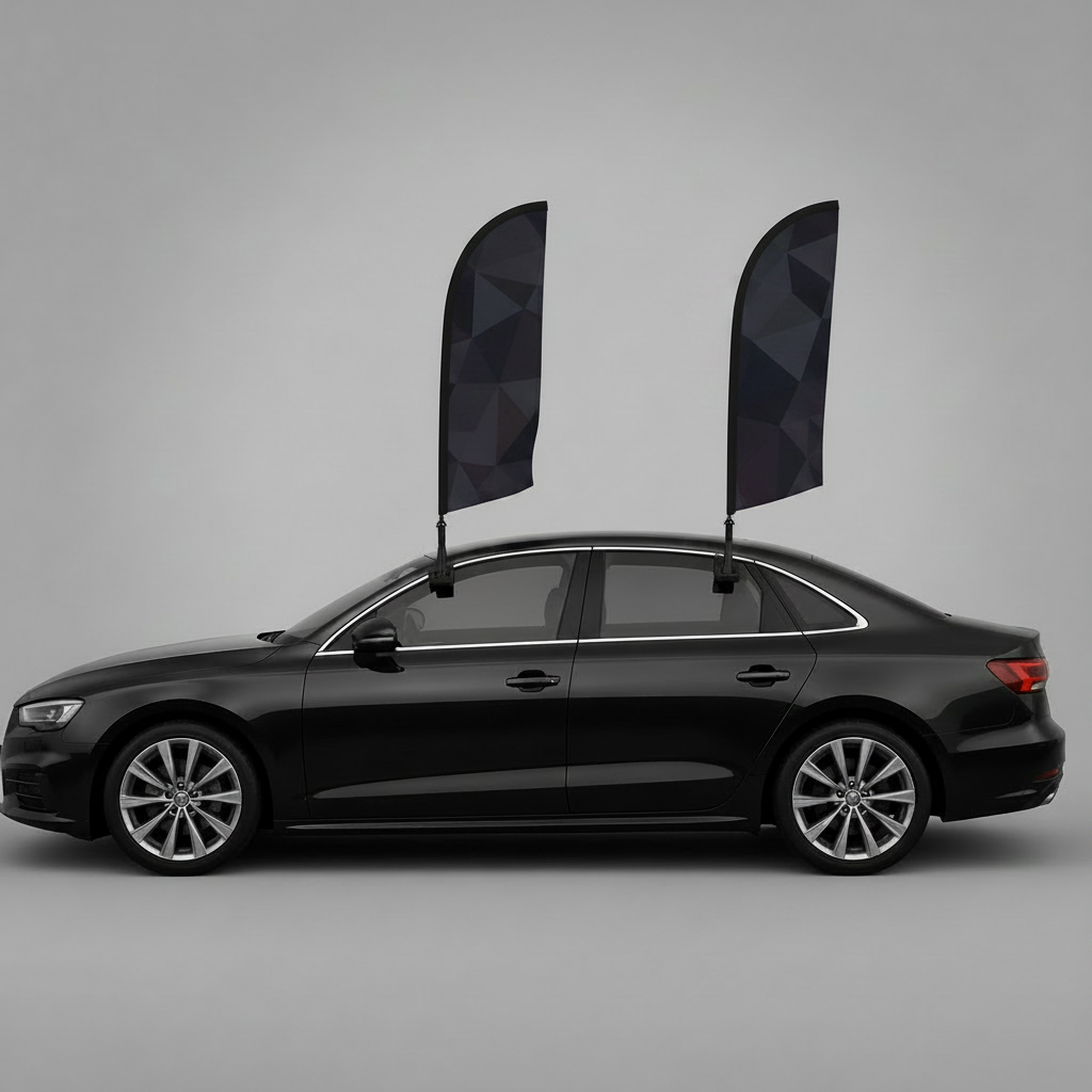 Black car with two orange and brown feather flags on a gray background