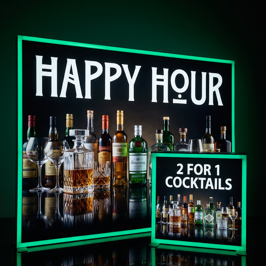 A large illuminated bar sign with the words "HAPPY HOUR" and a collage of liquor bottles, glasses, and a decanter, with a smaller inset sign reading "2 FOR 1 COCKTAILS" on a dark background.