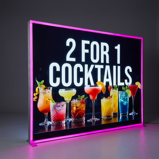 A rectangular LED neon sign displaying '2 FOR 1 COCKTAILS' in bold white text above a row of colorful cocktails, framed by bright pink neon lighting against a dark gray background.