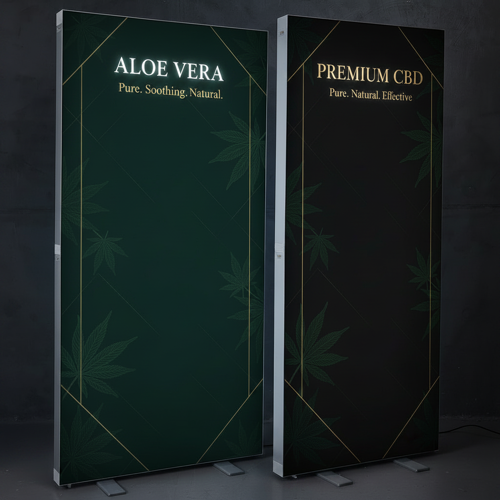 Two tall freestanding display boards with the text 'PREMIUM CBD Pure. Natural.