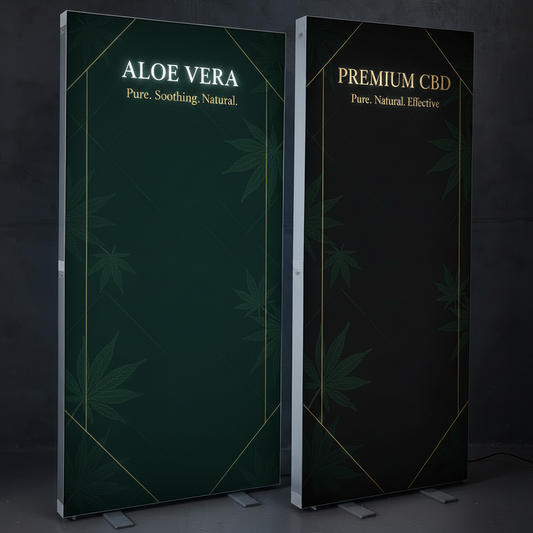 Two tall freestanding display boards with the text 'PREMIUM CBD Pure. Natural.