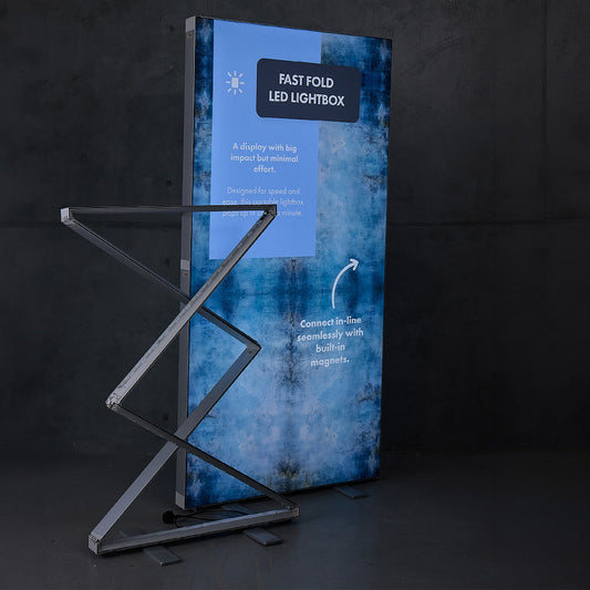 Custom FAST-FOLD LED fabric lightbox with printed SEG artwork