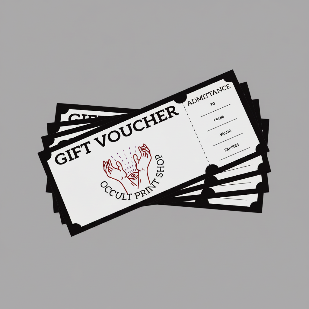 A stack of printed gift vouchers with black borders and a white center, featuring the text 'GIFT VOUCHER', 'ADMITTANCE', and 'Occult Print Shop' with a red illustration of hands holding a prism.