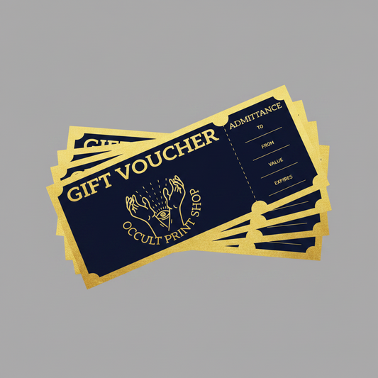 A stack of occult-themed gift vouchers with a dark navy blue background and metallic gold borders, featuring the text 'GIFT VOUCHER' and 'OCCULT PRINT SHOP' on a plain gray background.