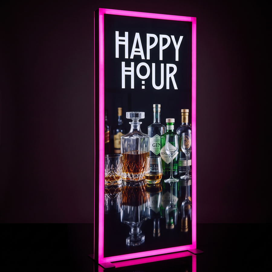 A vertical illuminated bar sign with a bright pink neon border, displaying the words “HAPPY HOUR” in large white letters above a photo of assorted liquor bottles and glasses on a dark background.