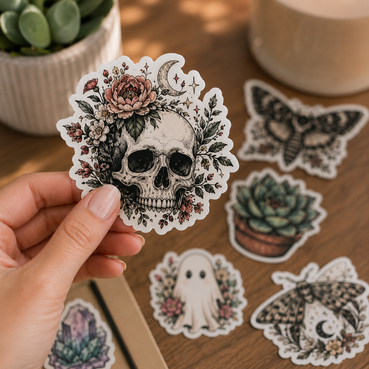 A hand holds a die-cut sticker featuring a detailed black and white skull decorated with pink flowers, green leaves, and a crescent moon. Several other matching decorative stickers are scattered on a wooden tabletop in the background.