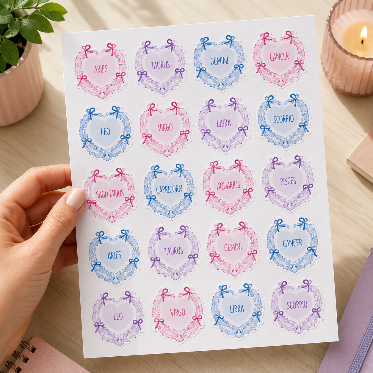A hand holds a sheet of 20 white stickers featuring watercolor-style heart borders with zodiac signs like Aries, Taurus, Gemini, Libra, Sagittarius, and Scorpio in pink, blue, and purple, set on a wooden desk with a plant and candle in the background.