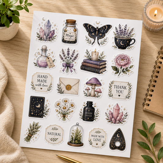 A sheet of die-cut stickers featuring whimsical witch and nature-themed illustrations, including crystals, a butterfly, potion bottles, flowers, and cards reading 'Thank You' and 'Made with Love,' arranged on a wooden tabletop with a candle, plant, and notebook nearby.