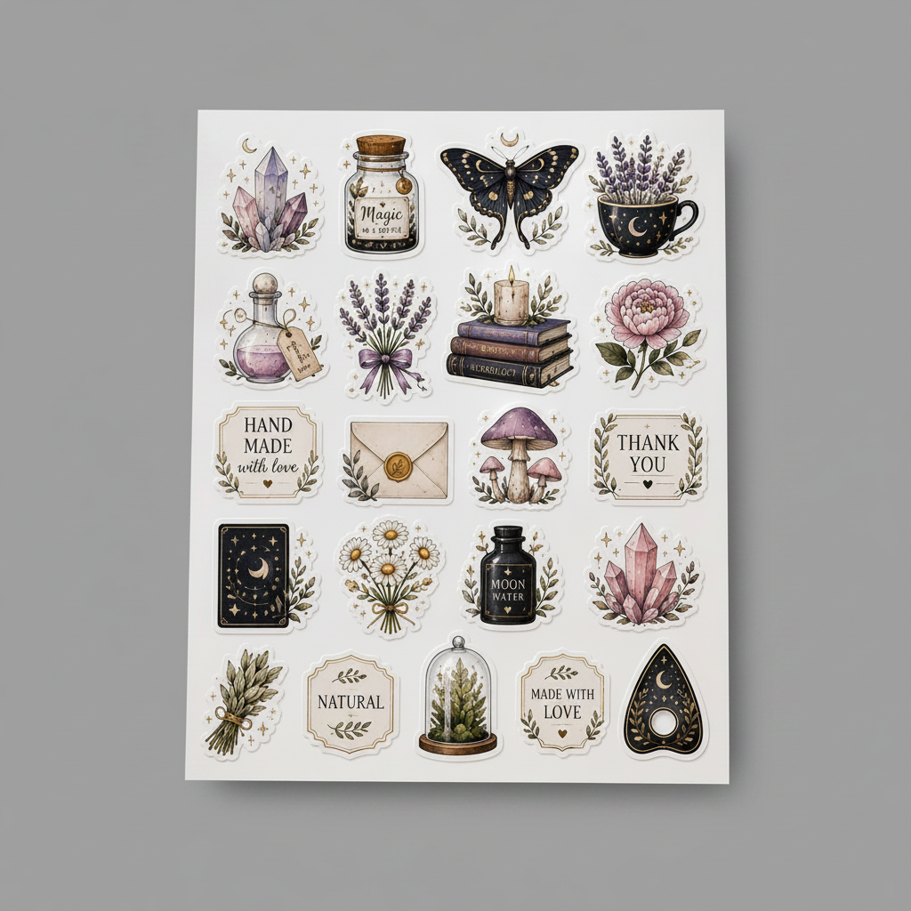 A sheet of decorative stickers with a witchy and mystical theme, featuring illustrations of a butterfly, crystals, a potion bottle, a clover bouquet, a candle, a mushroom, and text labels on a white background, set against a solid gray backdrop.