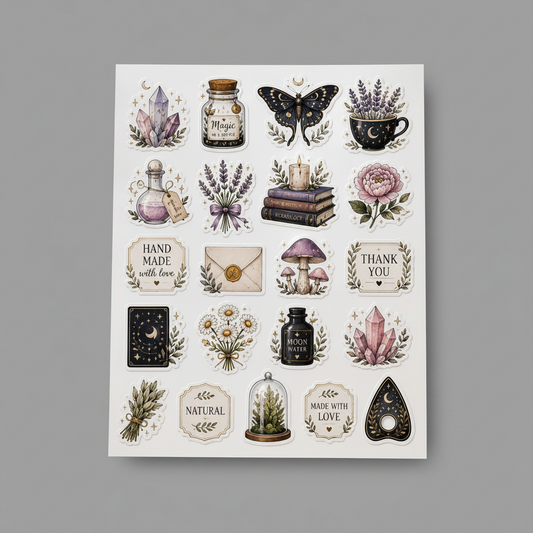 A sheet of decorative stickers with a witchy and mystical theme, featuring illustrations of a butterfly, crystals, a potion bottle, a clover bouquet, a candle, a mushroom, and text labels on a white background, set against a solid gray backdrop.