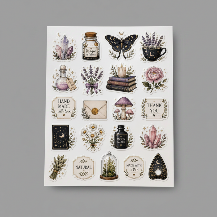 A sheet of decorative stickers with a witchy and mystical theme, featuring illustrations of a butterfly, crystals, a potion bottle, a clover bouquet, a candle, a mushroom, and text labels on a white background, set against a solid gray backdrop.