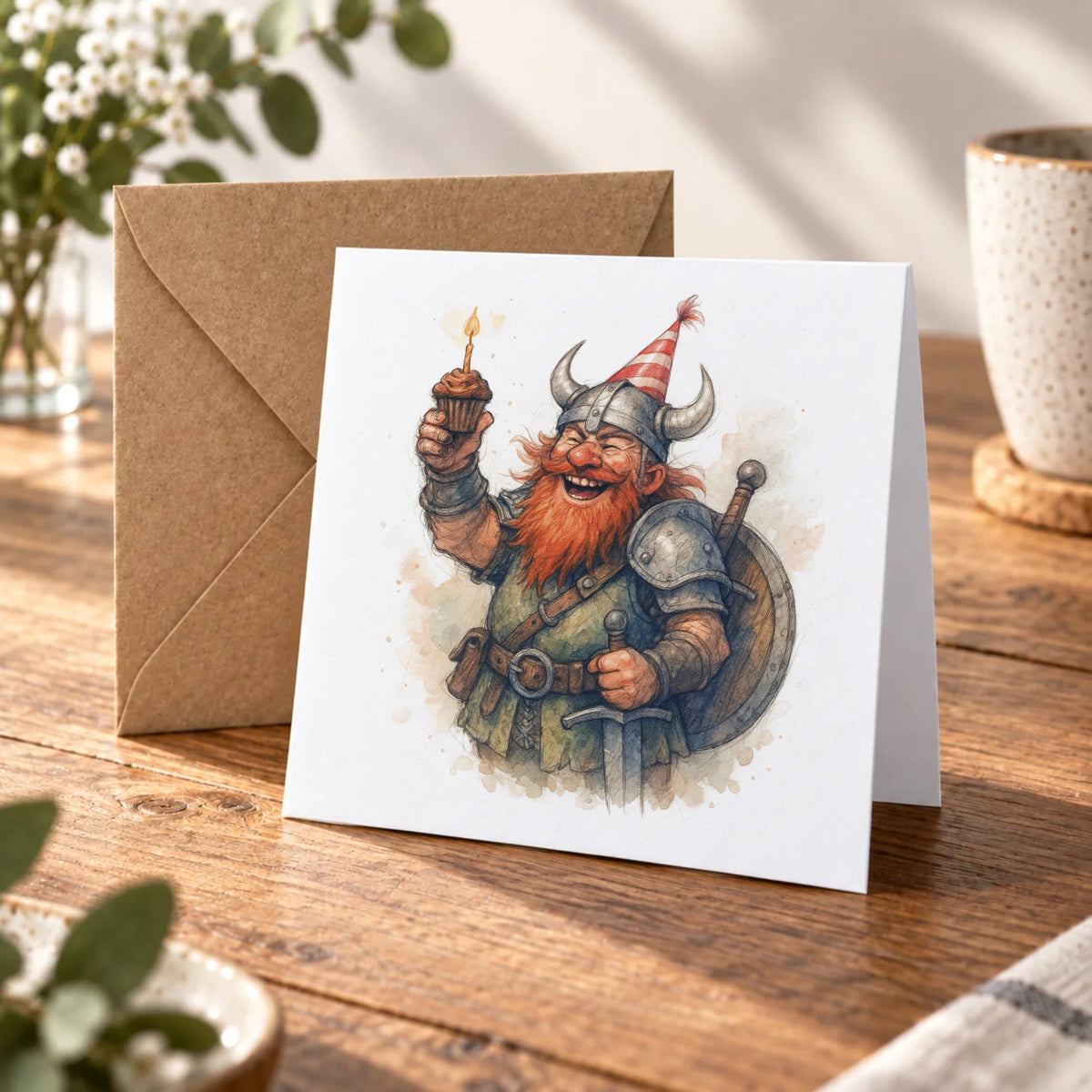 Dwarf Warrior Greeting Card – Warm Wood