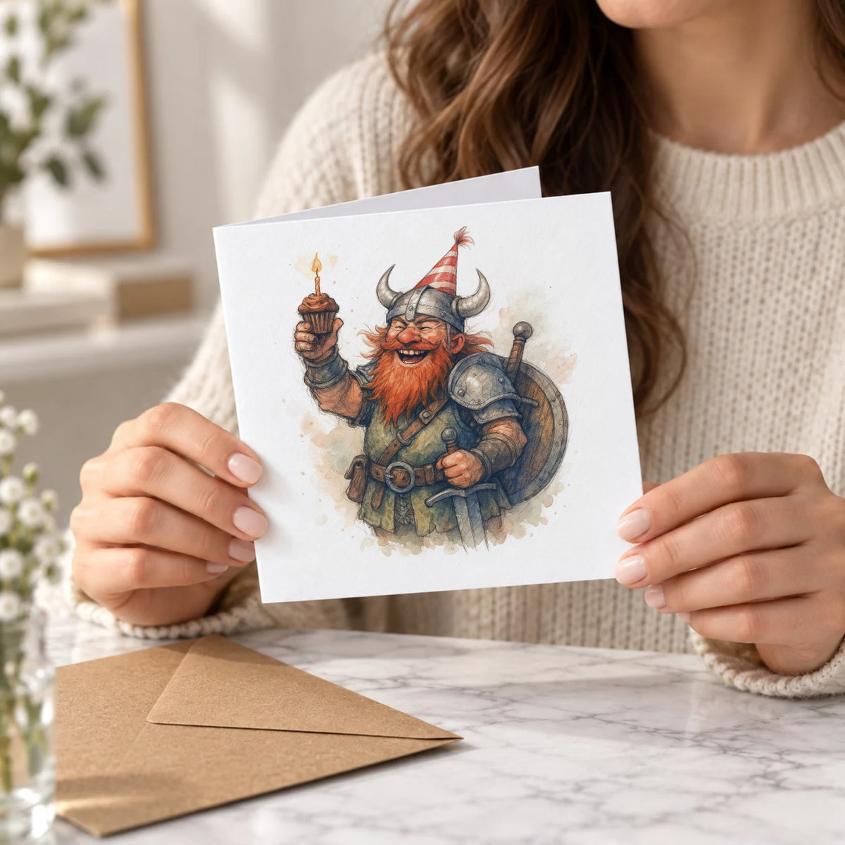 Dwarf Warrior Greeting Card – Held Card