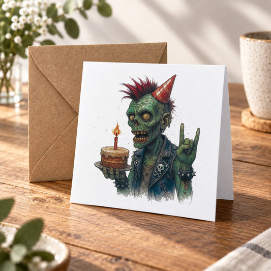 Zombie Punk Greeting Card – Warm Wood