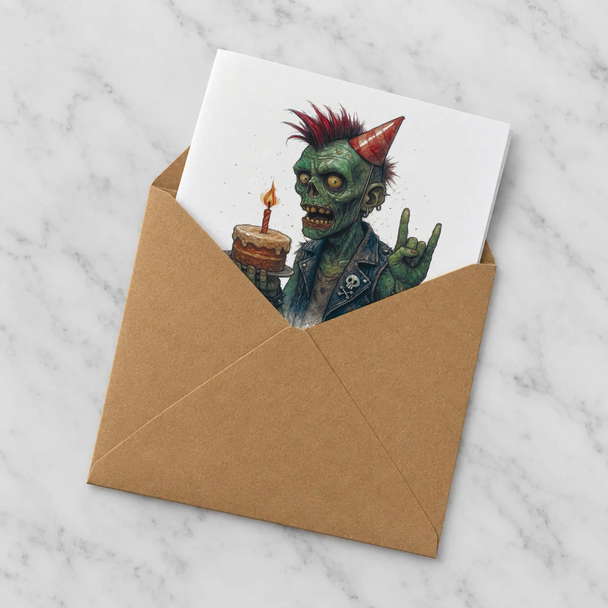 Zombie Punk Greeting Card – Half in Envelope