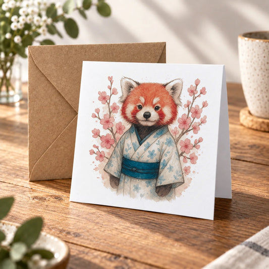 Red Panda Kimono Greeting Card – Warm Wood