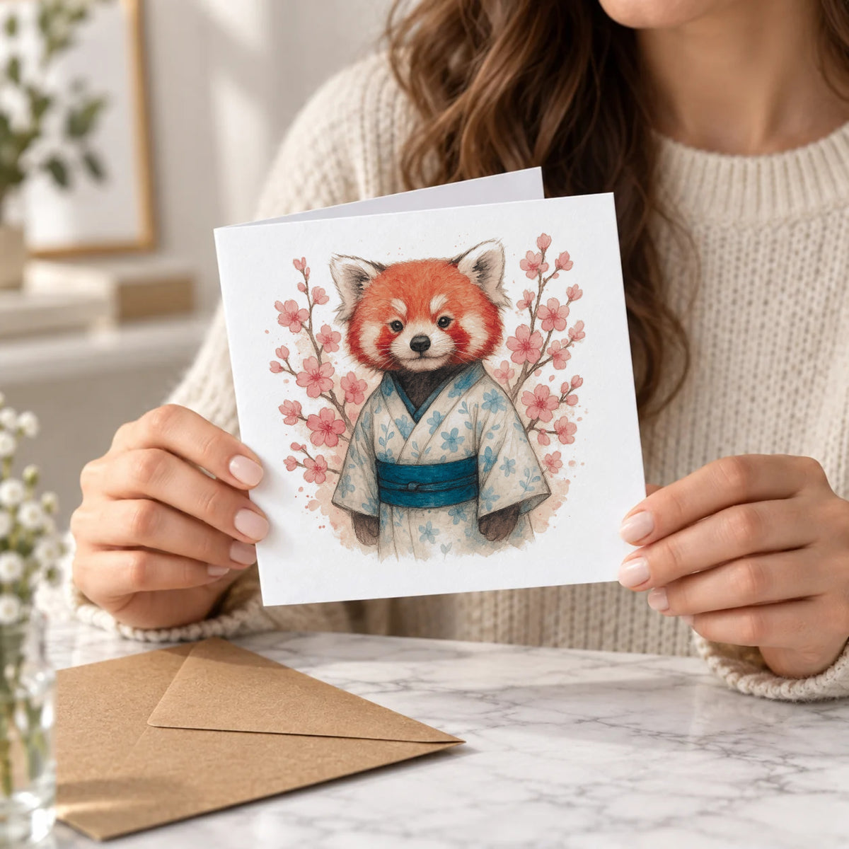 Red Panda Kimono Greeting Card – Held Card