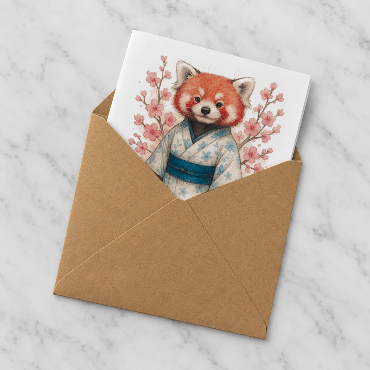 Red Panda Kimono Greeting Card – Half in Envelope