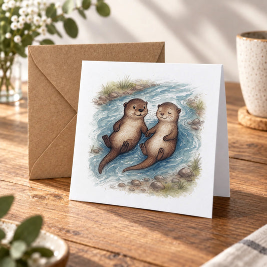 Otter Couple Love Greeting Card – Warm Wood