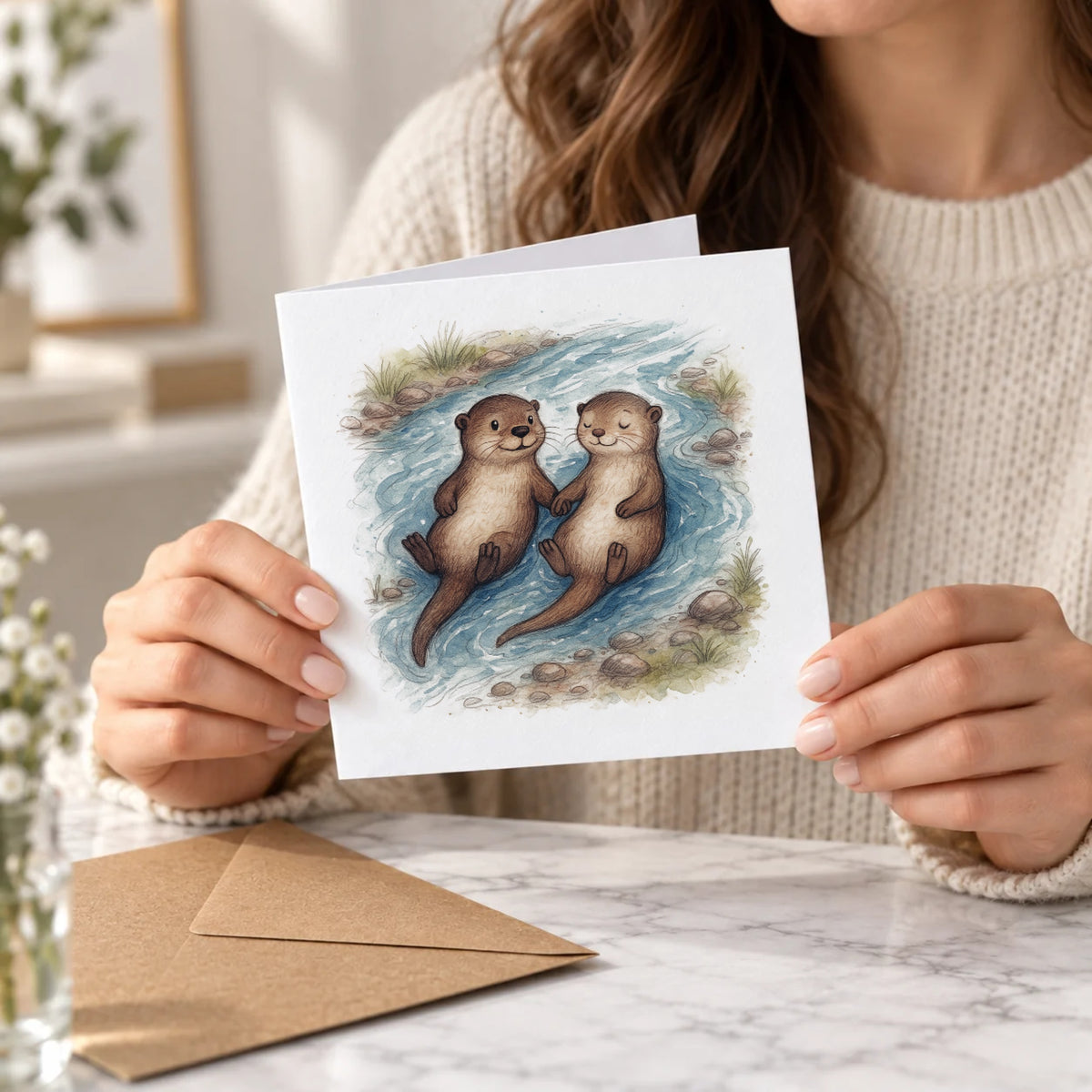 Otter Couple Love Greeting Card – Held Card
