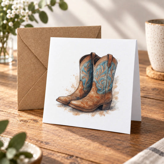 Cowboy Boots Greeting Card – Warm Wood