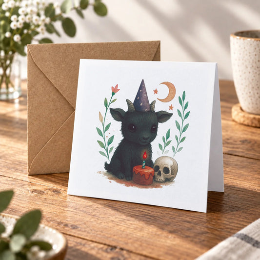 Black Goat & Moon Greeting Card – Warm Wood