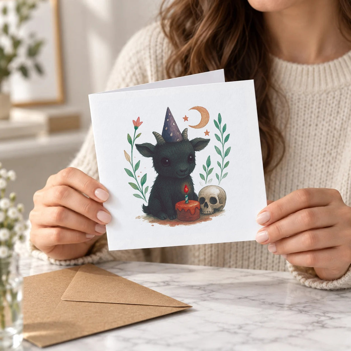 Black Goat & Moon Greeting Card – Held Card