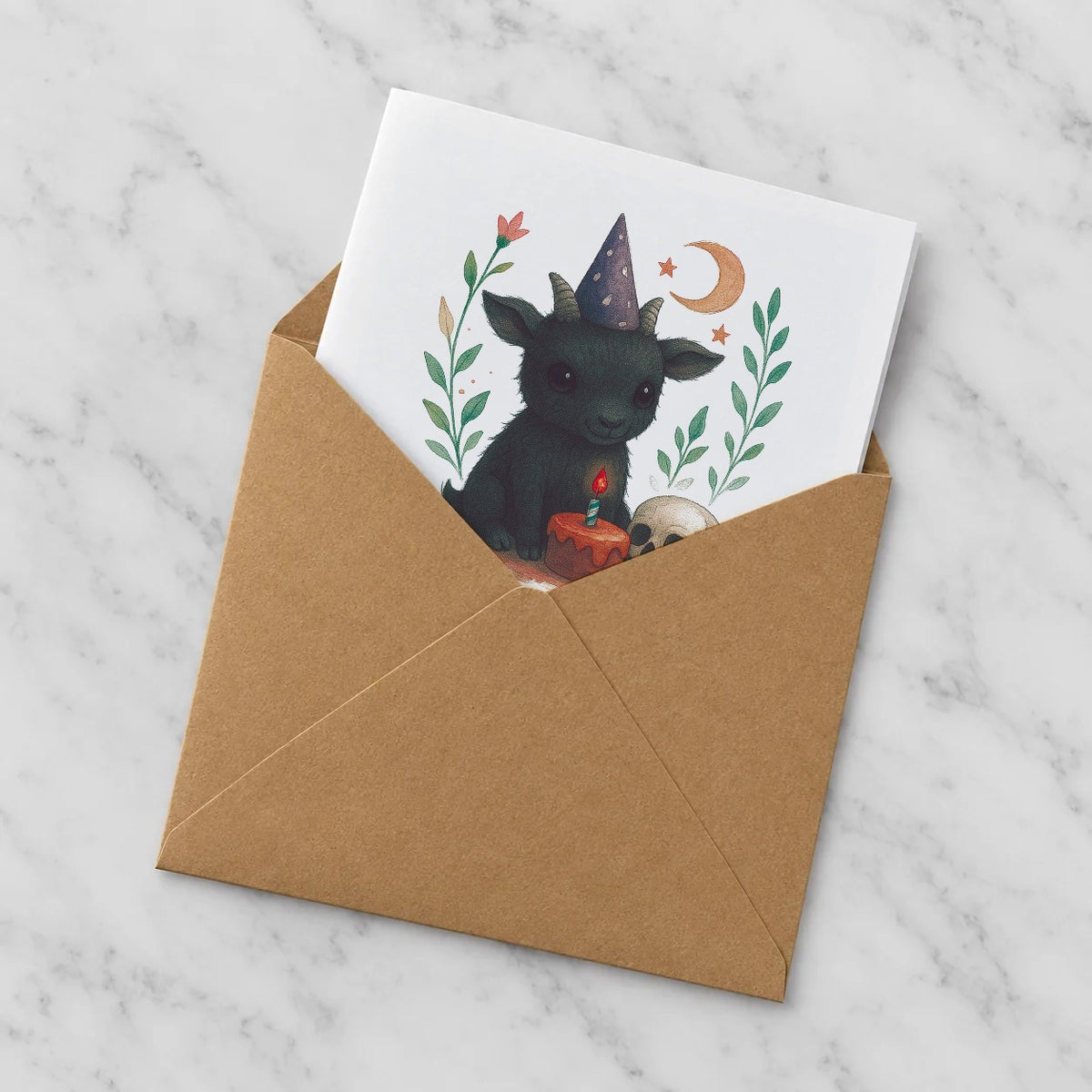 Black Goat & Moon Greeting Card – Half in Envelope