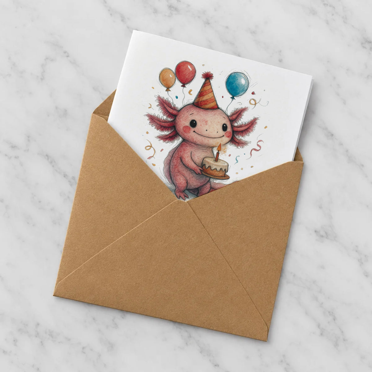 Axolotl Greeting Card – Half in Envelope