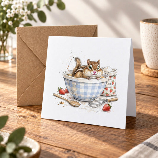 Chipmunk Baking Greeting Card – Warm Wood