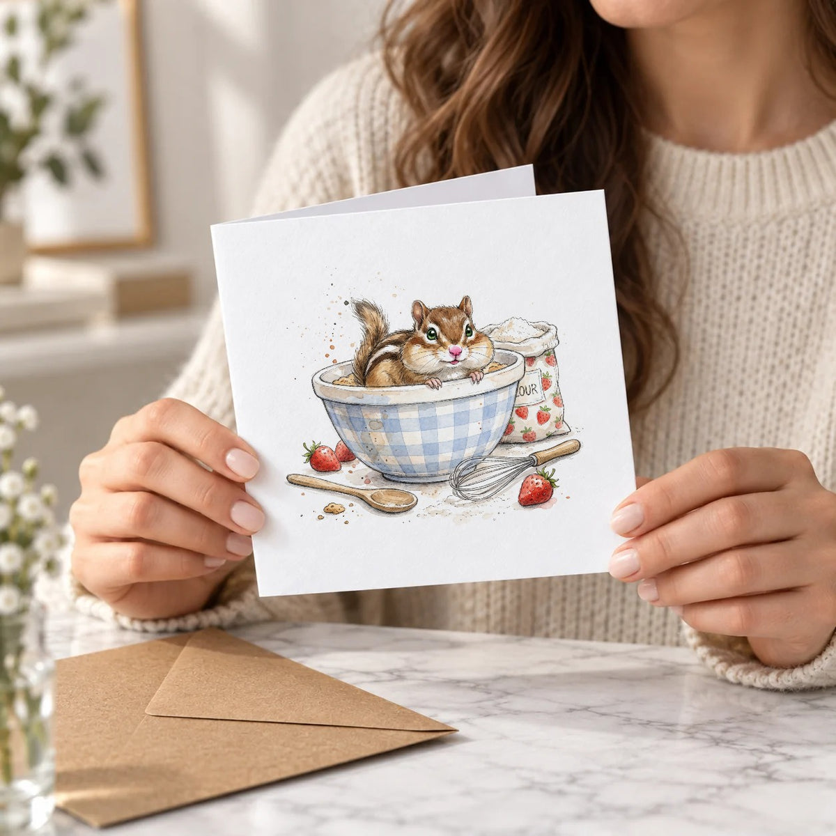 Chipmunk Baking Greeting Card – Held Card