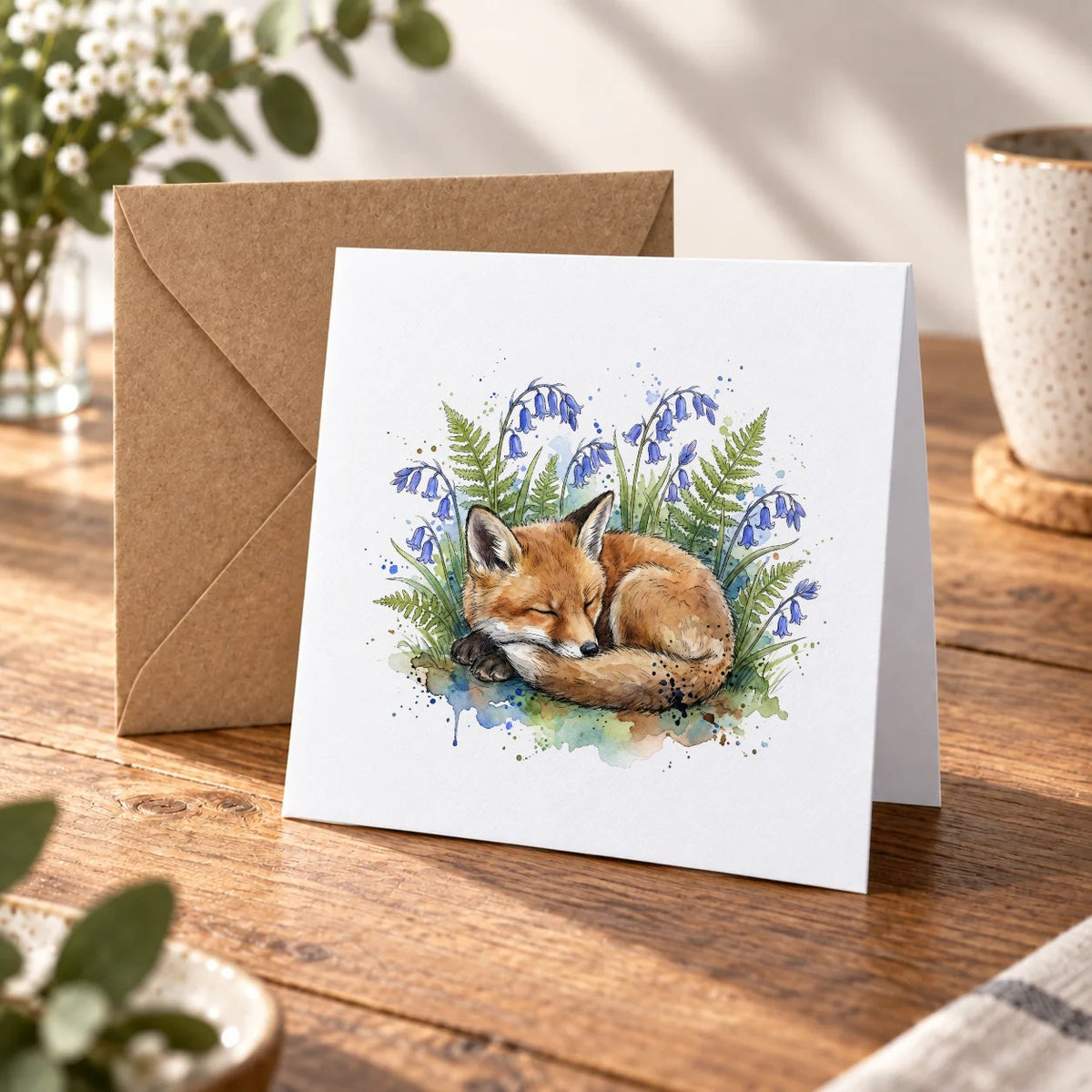 Sleeping Fox Greeting Card – Warm Wood