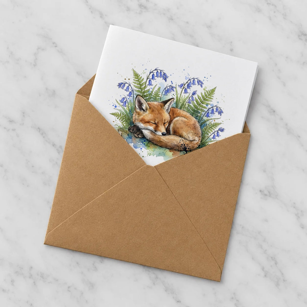 Sleeping Fox Greeting Card – Half in Envelope
