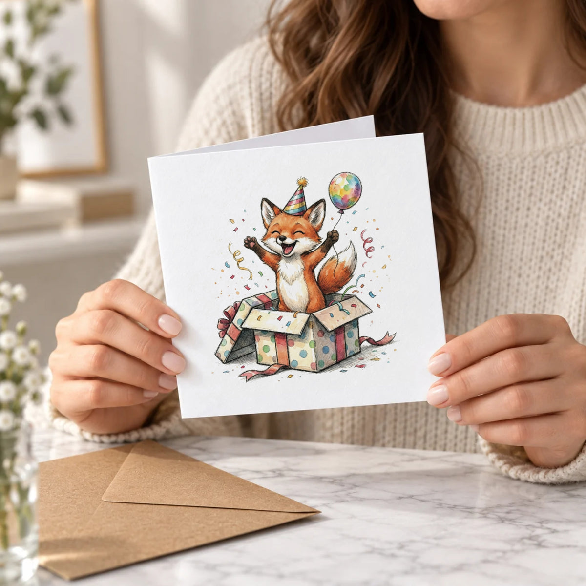 Fox Gift Box Greeting Card – Held Card