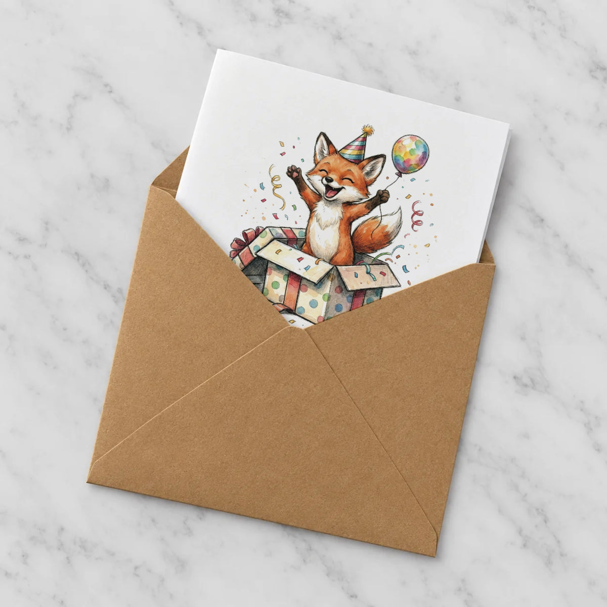 Fox Gift Box Greeting Card – Half in Envelope