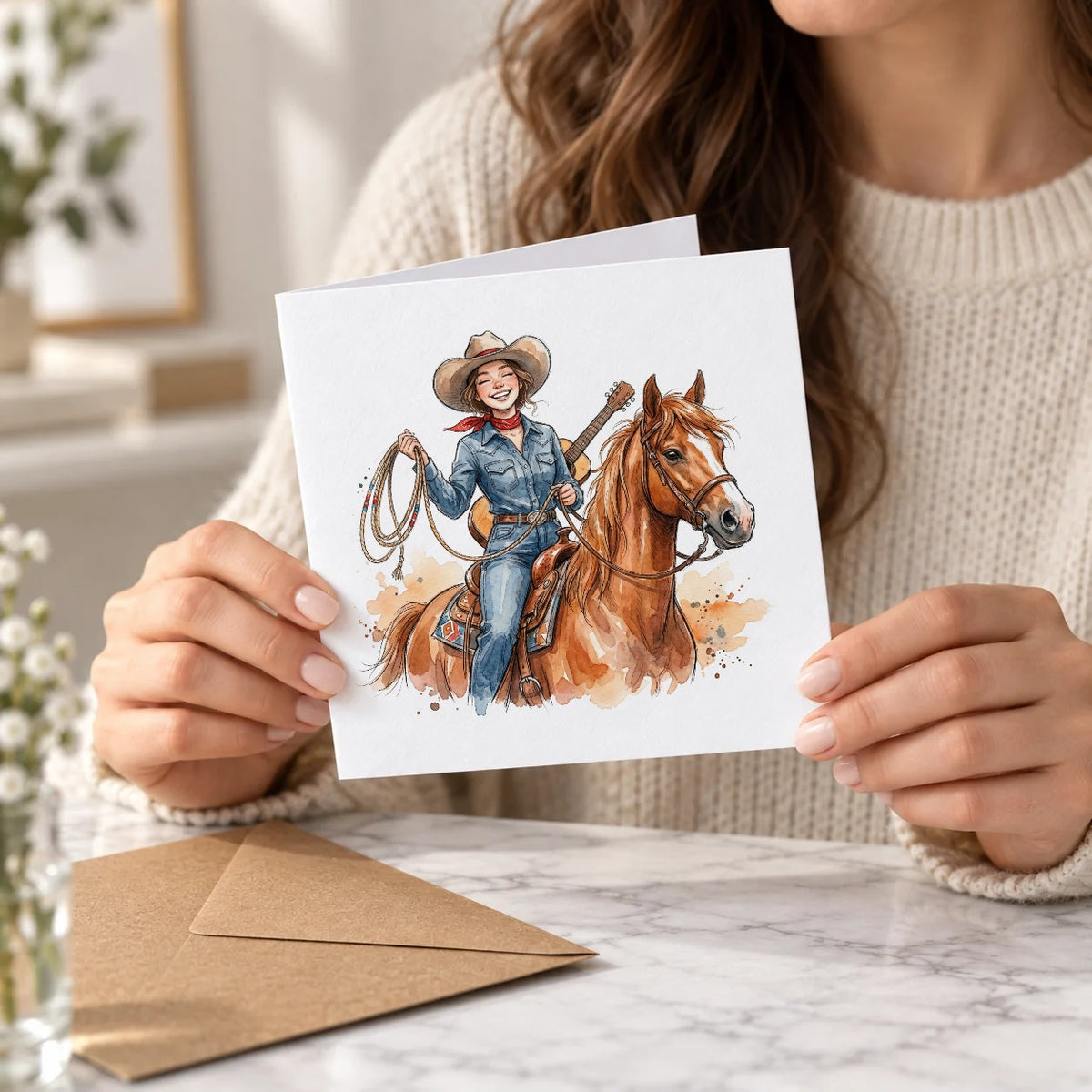 Cowgirl & Horse Greeting Card – Held Card