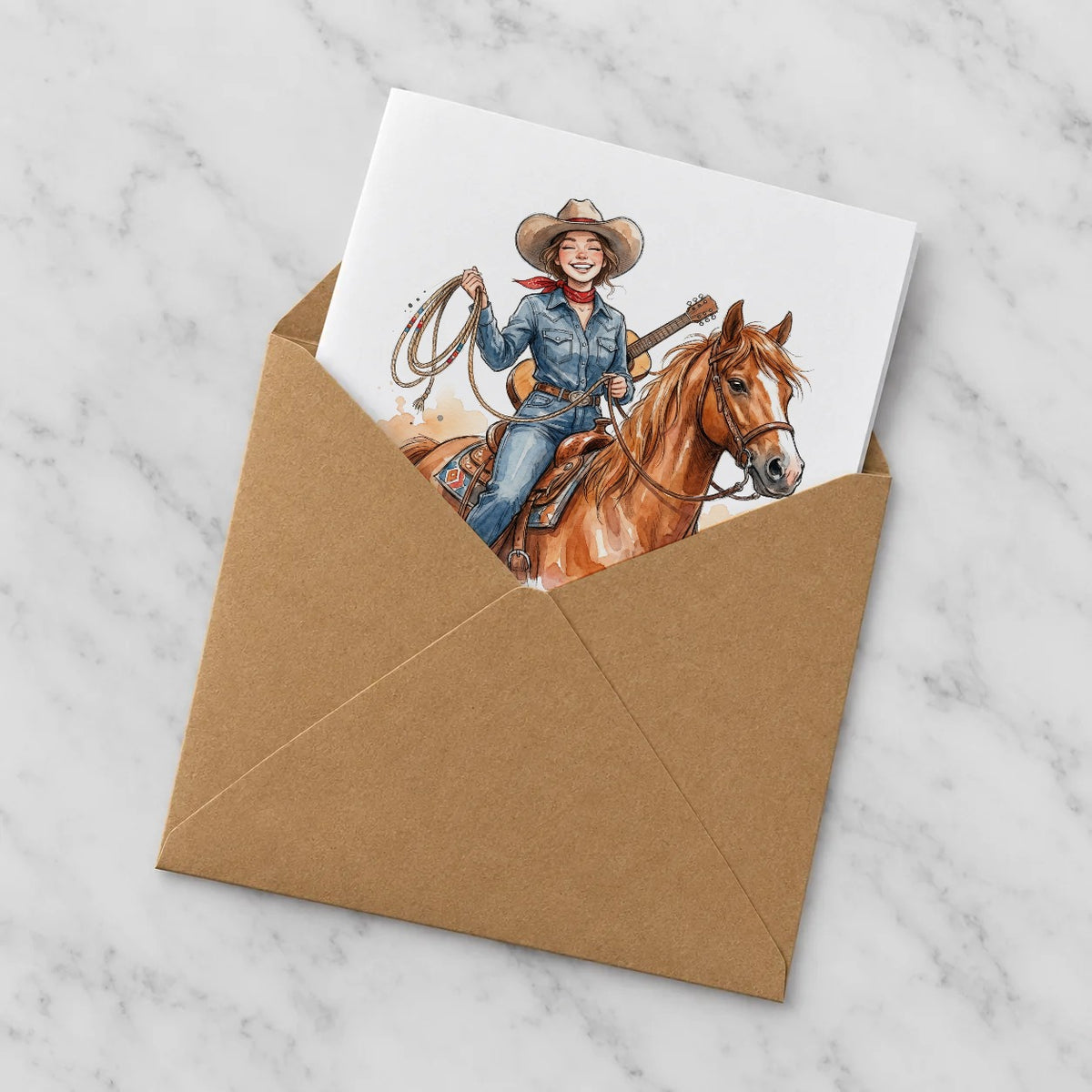 Cowgirl & Horse Greeting Card – Half in Envelope