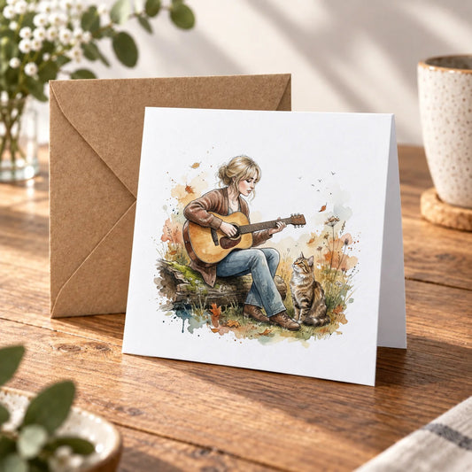 Folk Music & Cat Greeting Card – Warm Wood