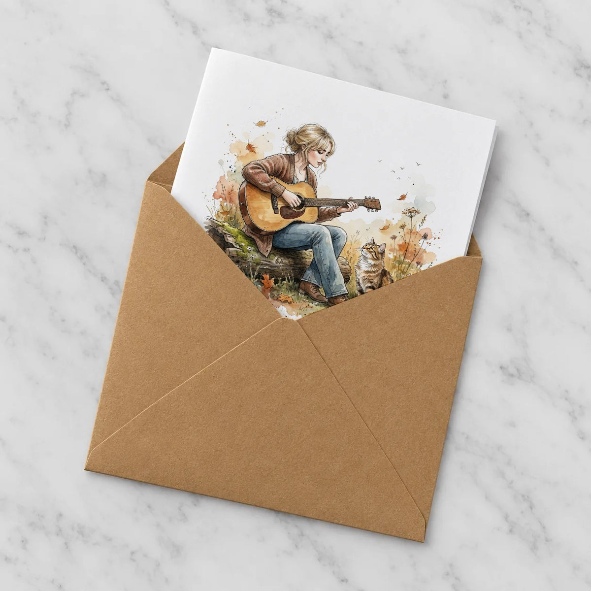 Folk Music & Cat Greeting Card – Half in Envelope