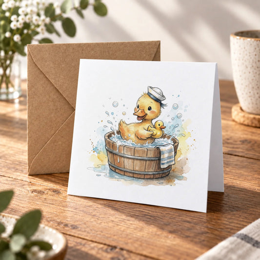 Duckling Bath Time Greeting Card – Warm Wood