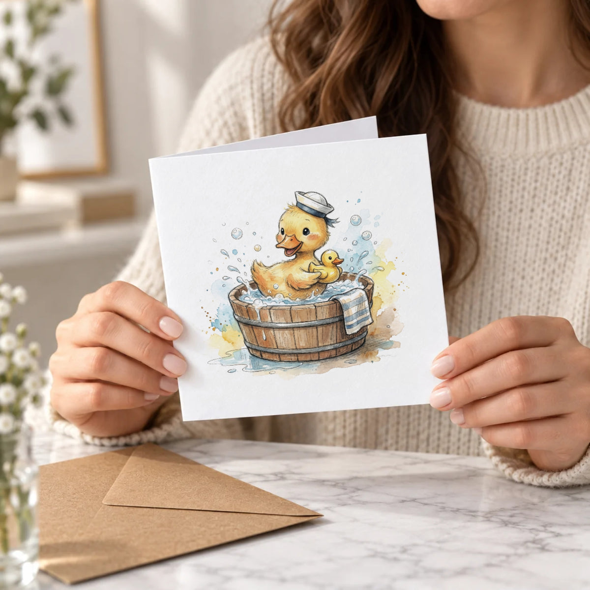 Duckling Bath Time Greeting Card – Held Card