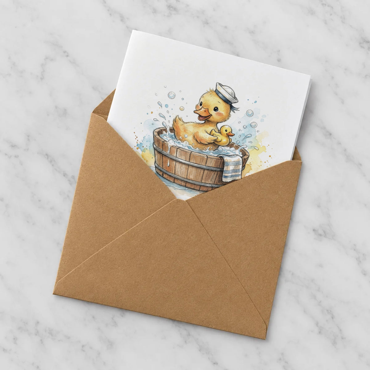 Duckling Bath Time Greeting Card – Half in Envelope