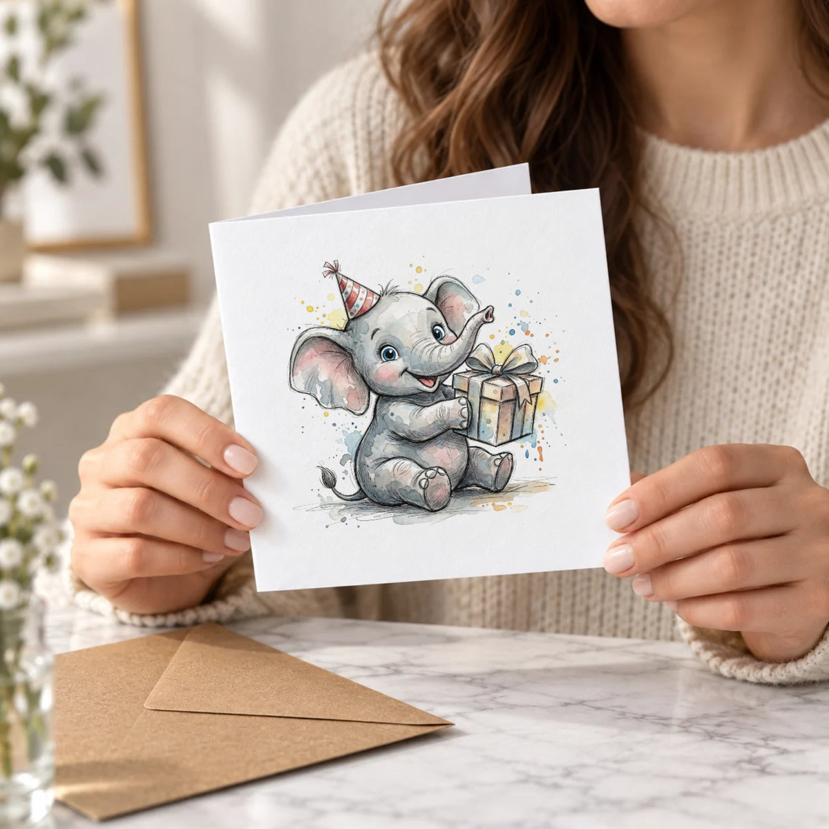 Baby Elephant Present Greeting Card – Held Card