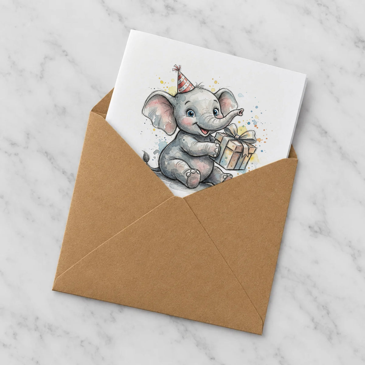 Baby Elephant Present Greeting Card – Half in Envelope