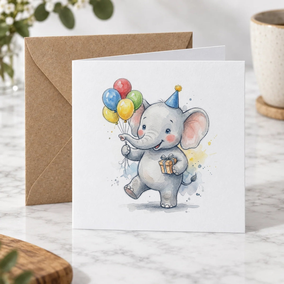 Baby Elephant Balloons Greeting Card – Hero