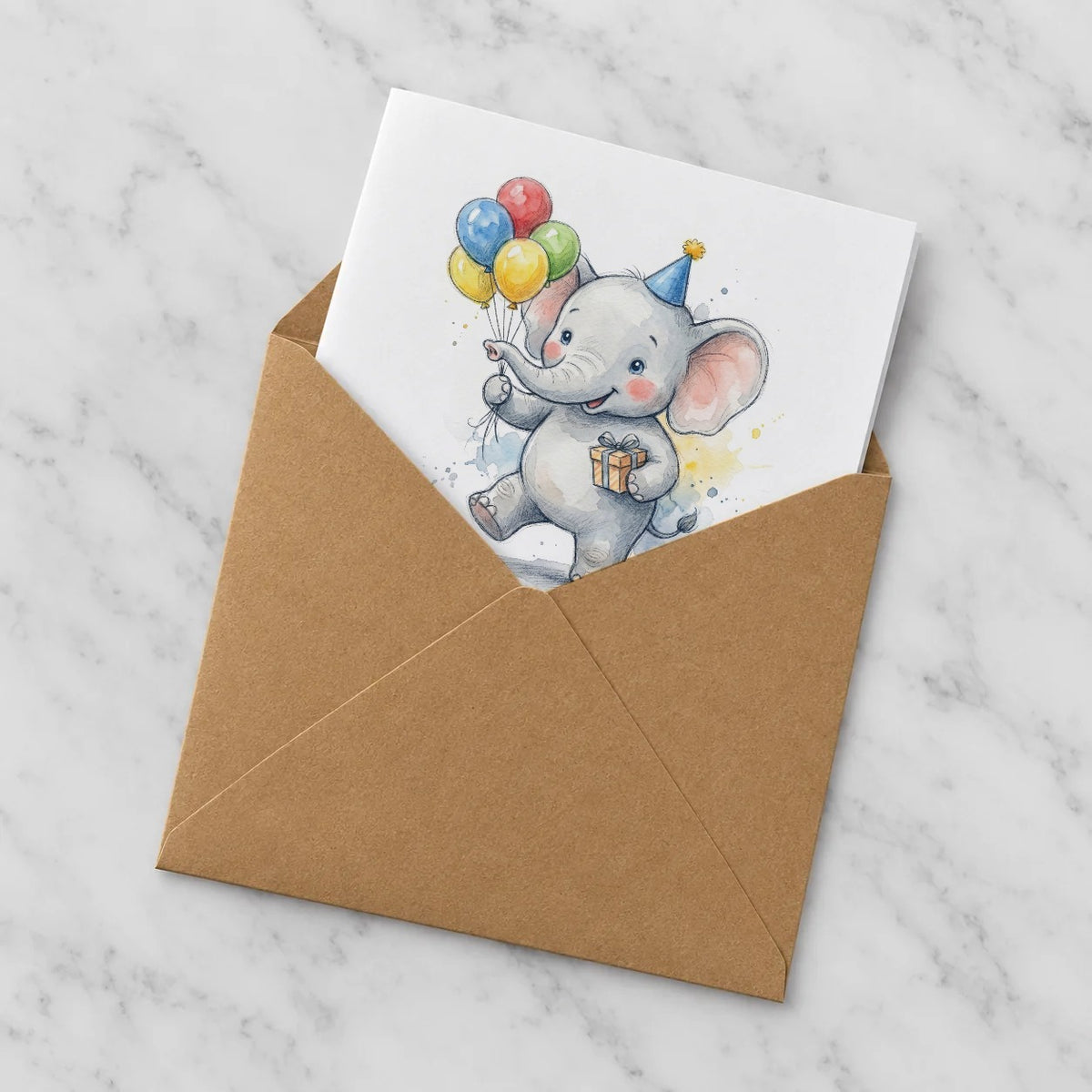 Baby Elephant Balloons Greeting Card – Half in Envelope