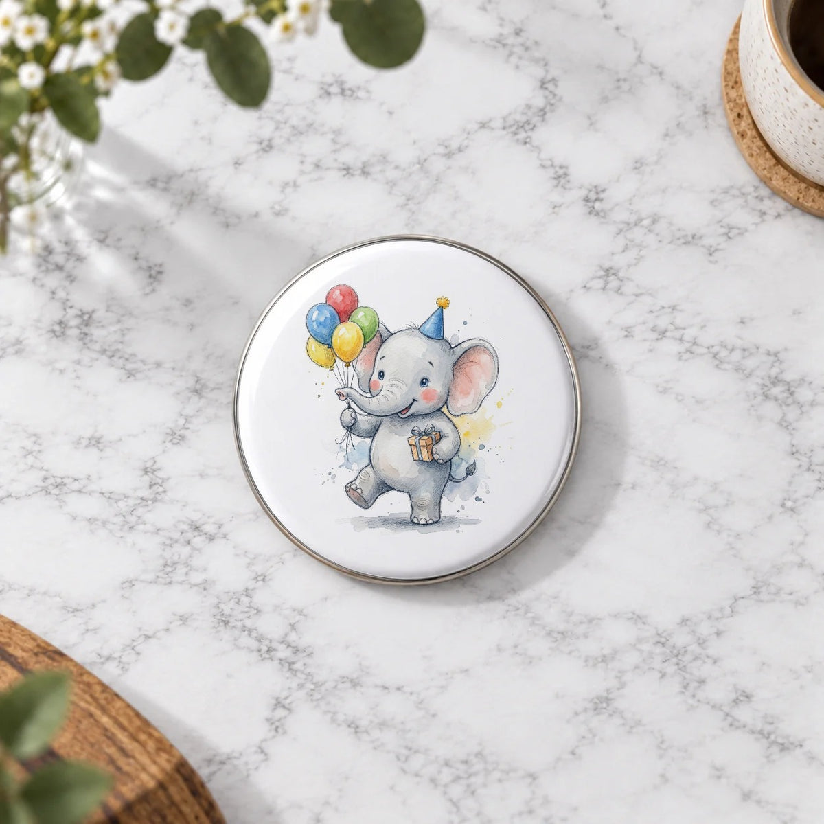 Baby Elephant Balloons Greeting Card – Badge Large