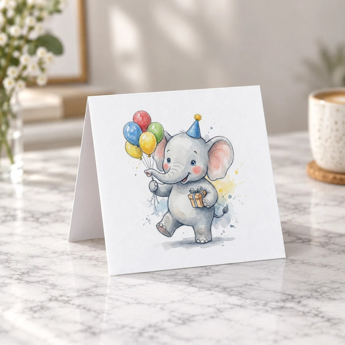 Baby Elephant Balloons Greeting Card – Tent Fold